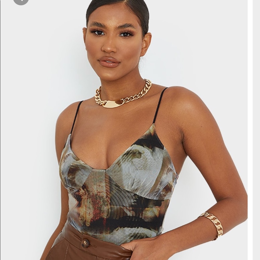 Nude Mesh Abstract Renaissance Print Cup Bodysuit